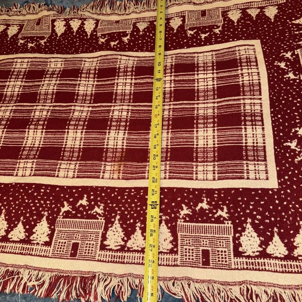 Crate Barrel table runner Red White Fringed House Tree Motif Belgian Cott 2 Side